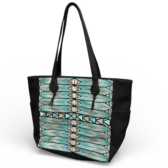 Lucky Brand Handbags - Lucky Brand embroidered canvas leather trim tote bag